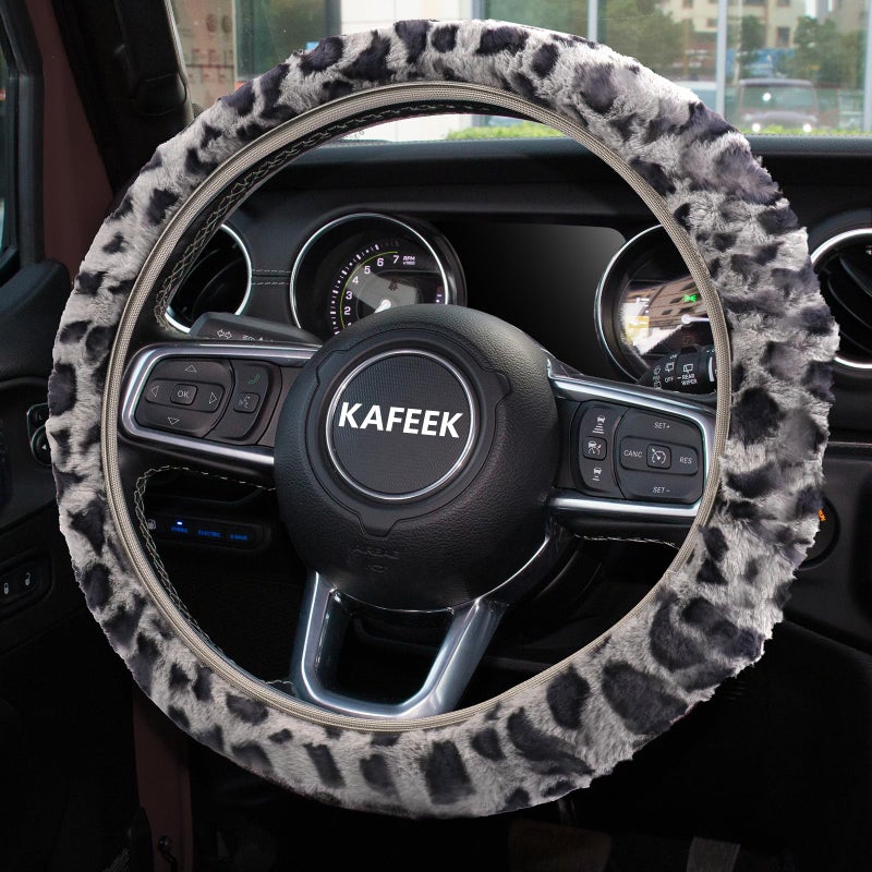 KAFEEK Elastic Long Microfiber Plush Steering Wheel Cover for Winter Warm, Universal 15 inch, Anti-Slip, Odorless, Leopard Gray - Image 3